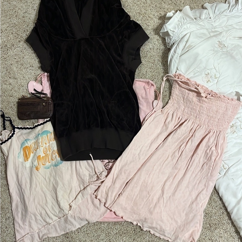 ONLY PINK DRESS, BROWN SWEATER., AND BROWN WALLET AVAIL.—Juicy Couture apparel